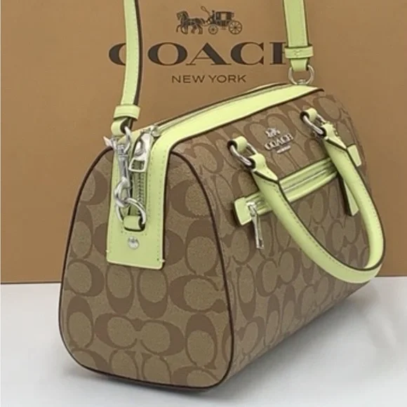 COACH  (83607) Rowan Khaki/Pale Lime Signature Medium Satchel Crossbody Handbag - Picture 5 of 16